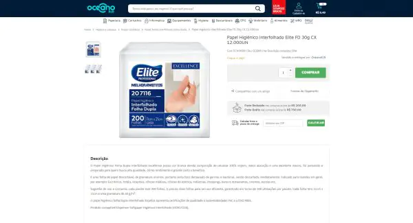 Embalagem de papel higiênico para empresa interfolhado folha dupla elite na página de venda do site Oceano B2B