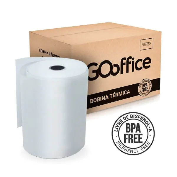 Caixa de papelão com 20 bobinas térmicas de papel branco da marca Go Office